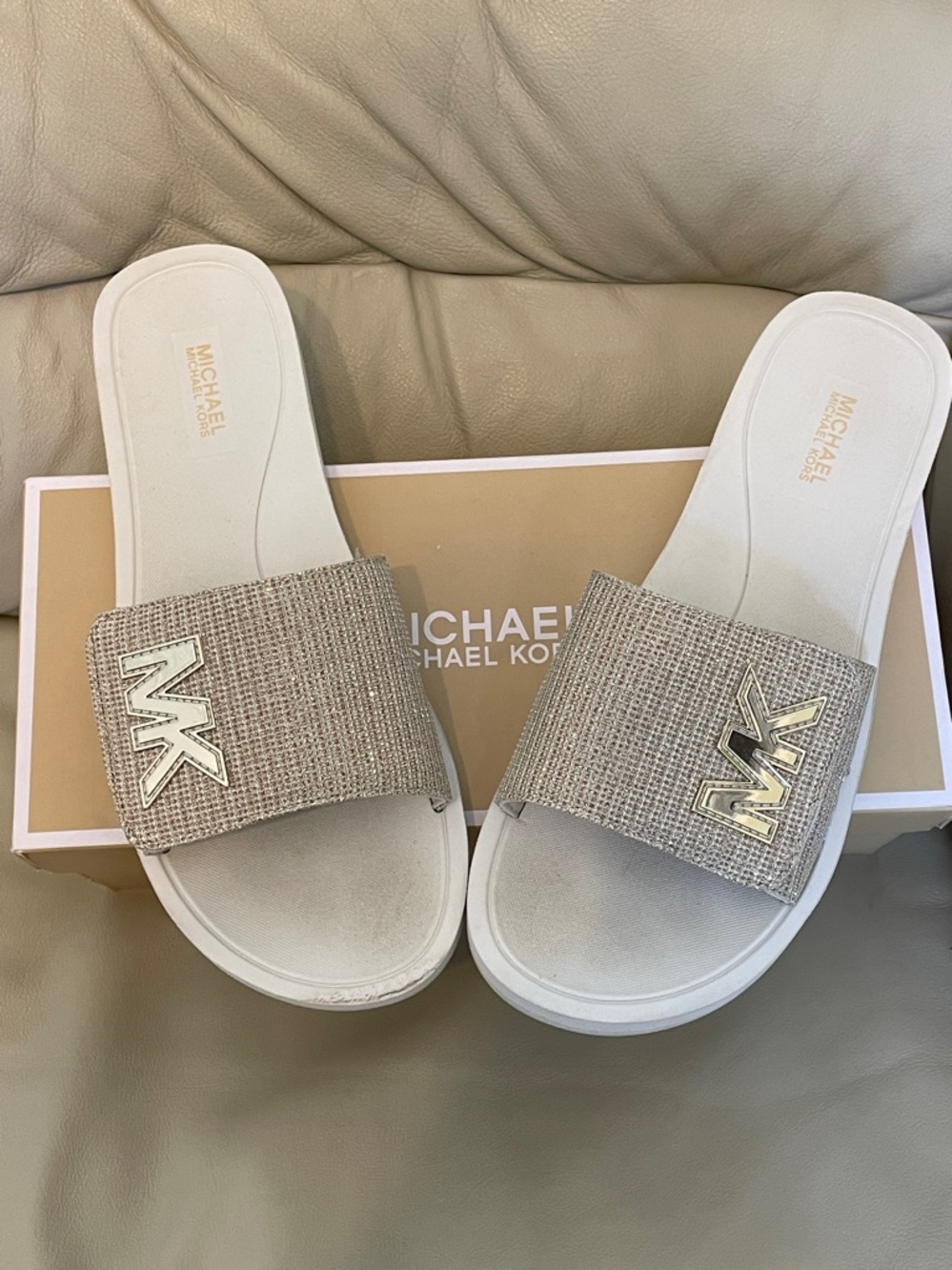 MICHAEL Michael Kors Beige Glitter Slide Sandals with Gold Mesh MK Accents